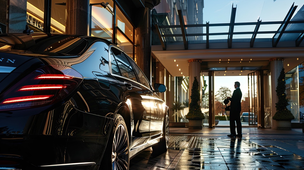 Luxury sedan arriving at a Melbourne hotel entrance for chauffeur service