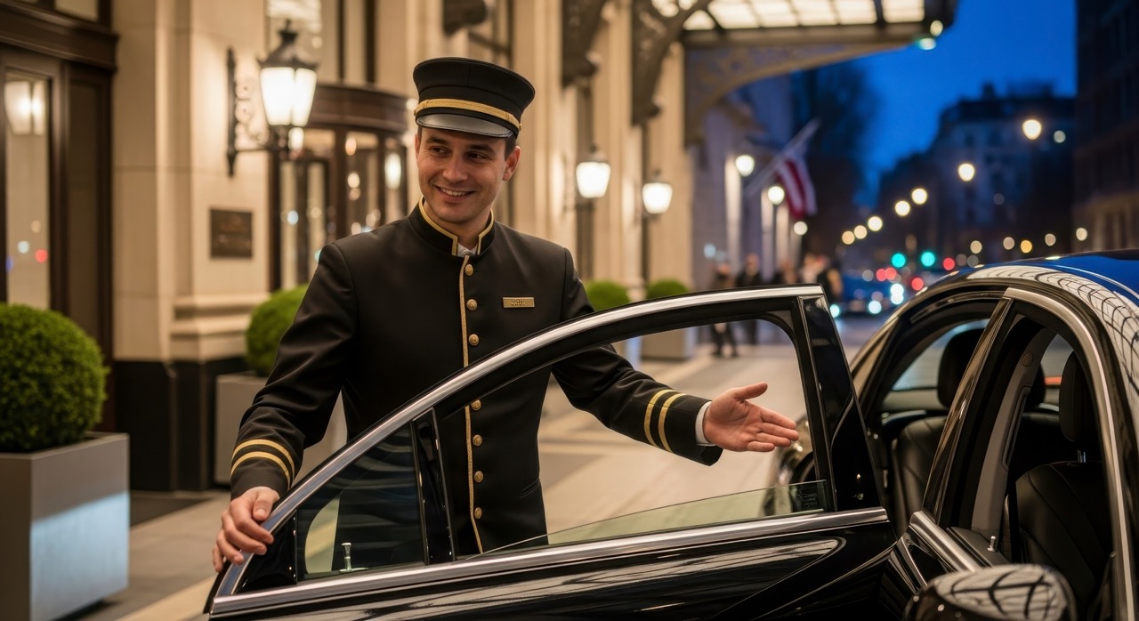Chauffeur opening a car door at a luxury hotel entrance in Melbourne