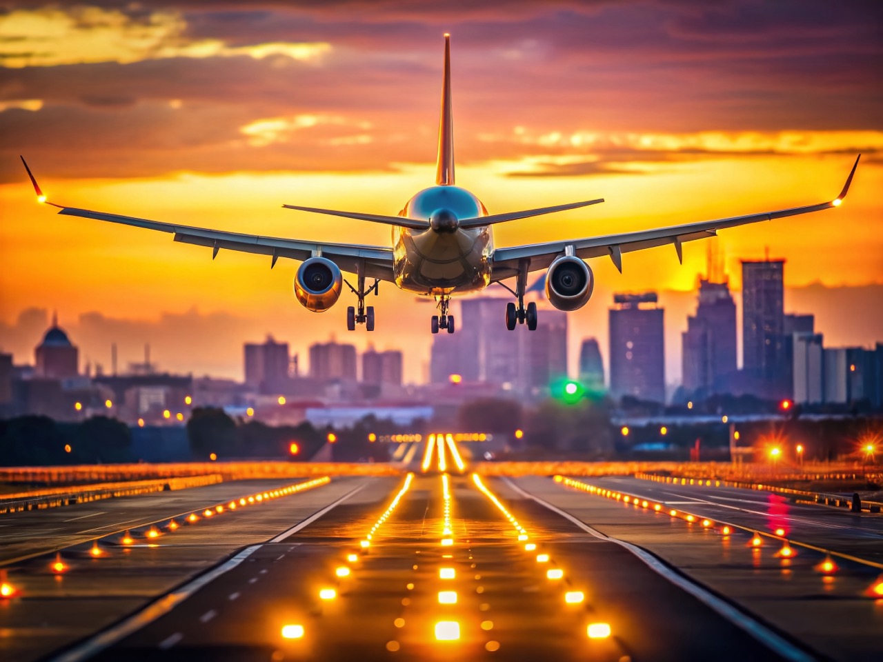 Commercial aircraft landing at Melbourne Airport during golden hour sunset