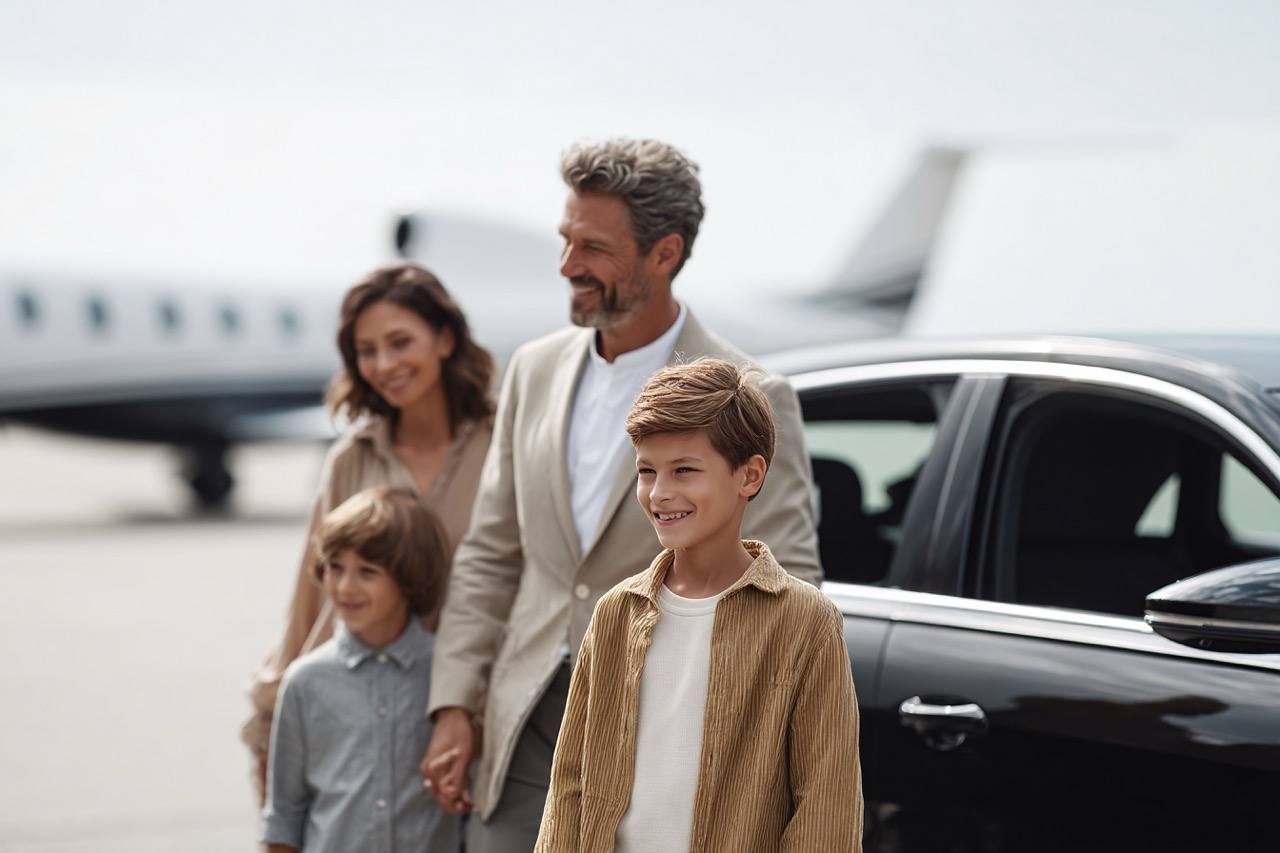 Happy family arriving by private jet - luxury airport travel experience with chauffeur service