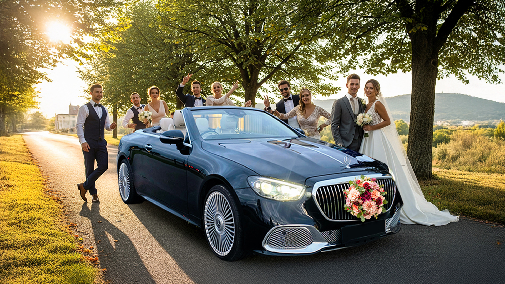 Mercedes-Maybach wedding vehicle at a luxury hotel lobby